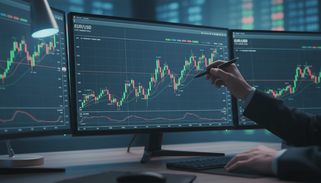 Professional trading setups with technical analysis on multiple monitors