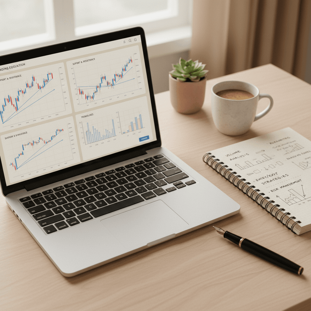 Trader studying educational content on laptop with notebook
