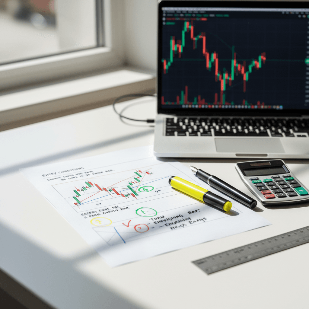 Trading setup sheet with entry and exit levels marked