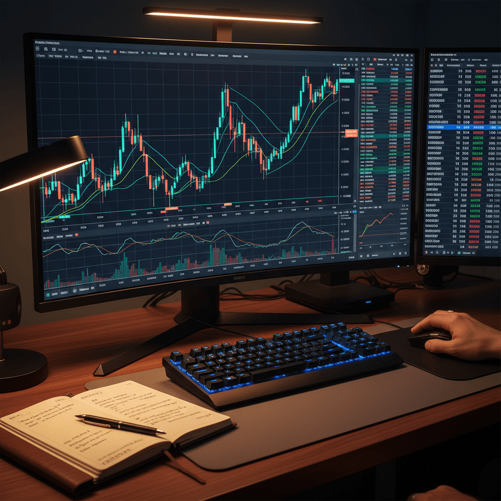 Trader analyzing Forex and Gold charts on monitor