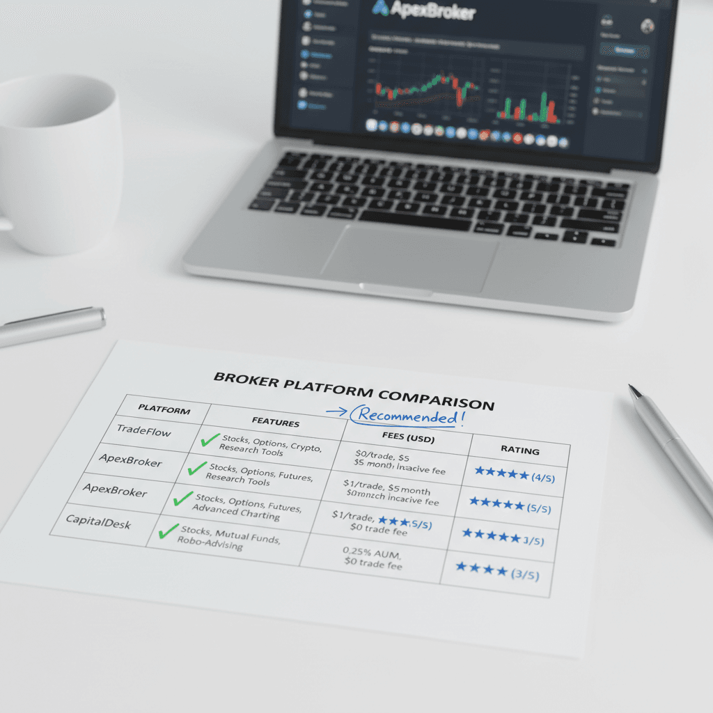 Broker comparison sheet with platform features listed
