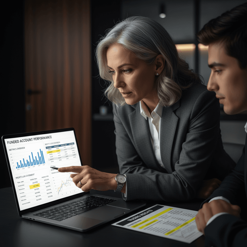 Mentor reviewing funded account performance metrics