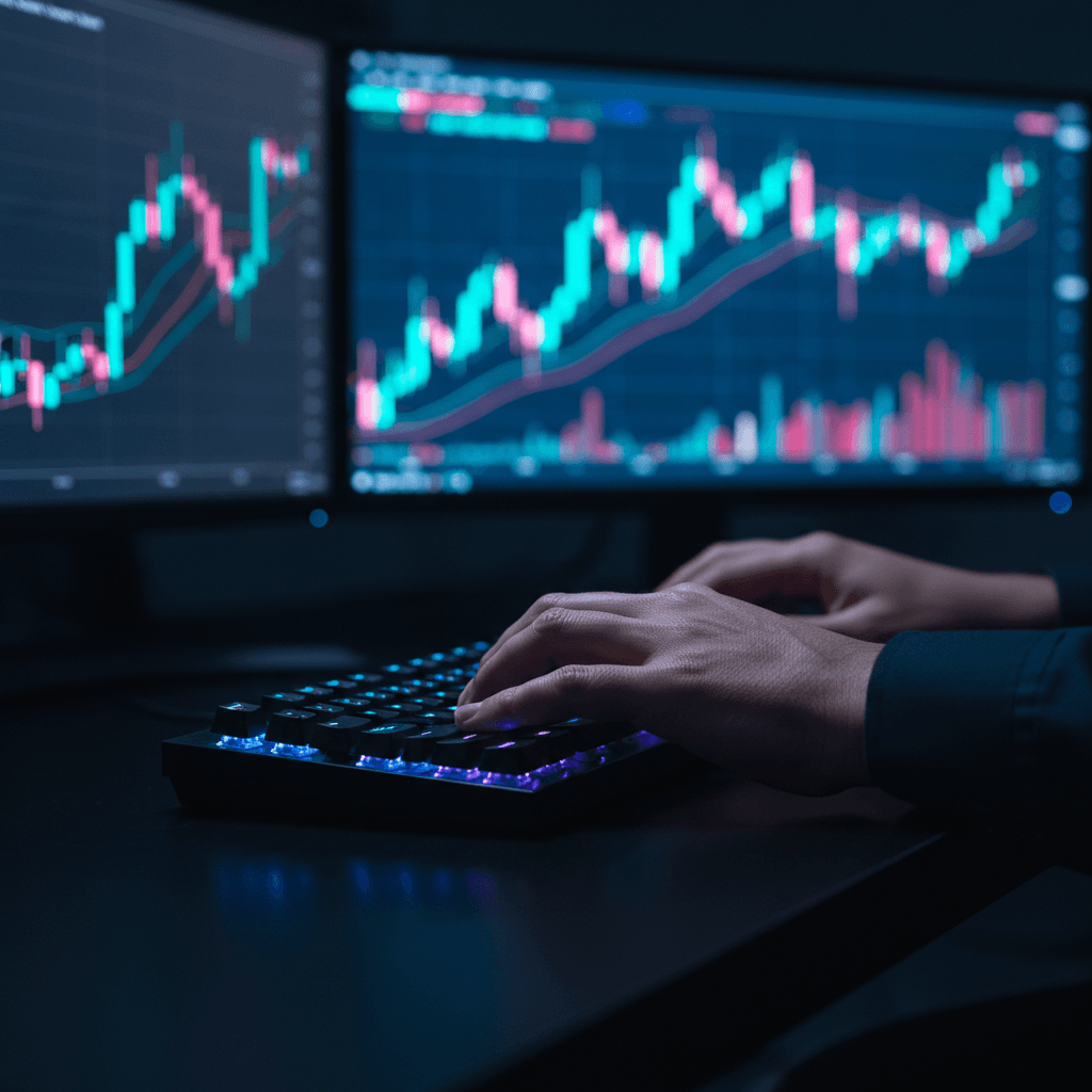 Professional trader analyzing live gold and forex charts on multiple monitors with technical analysis tools