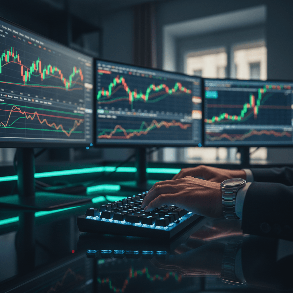 Professional trader analyzing gold and forex charts on multiple monitors