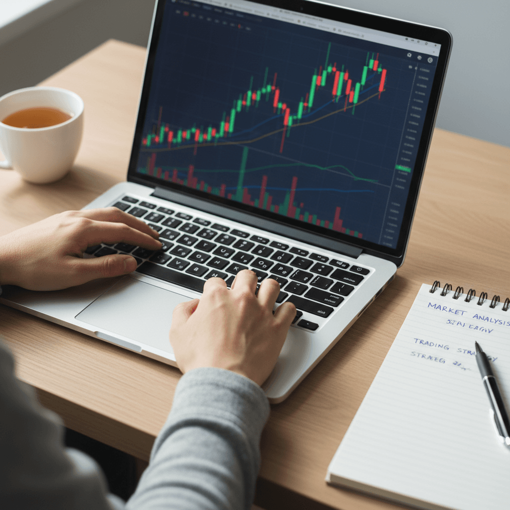 Trading education notebook with handwritten notes and laptop showing course content