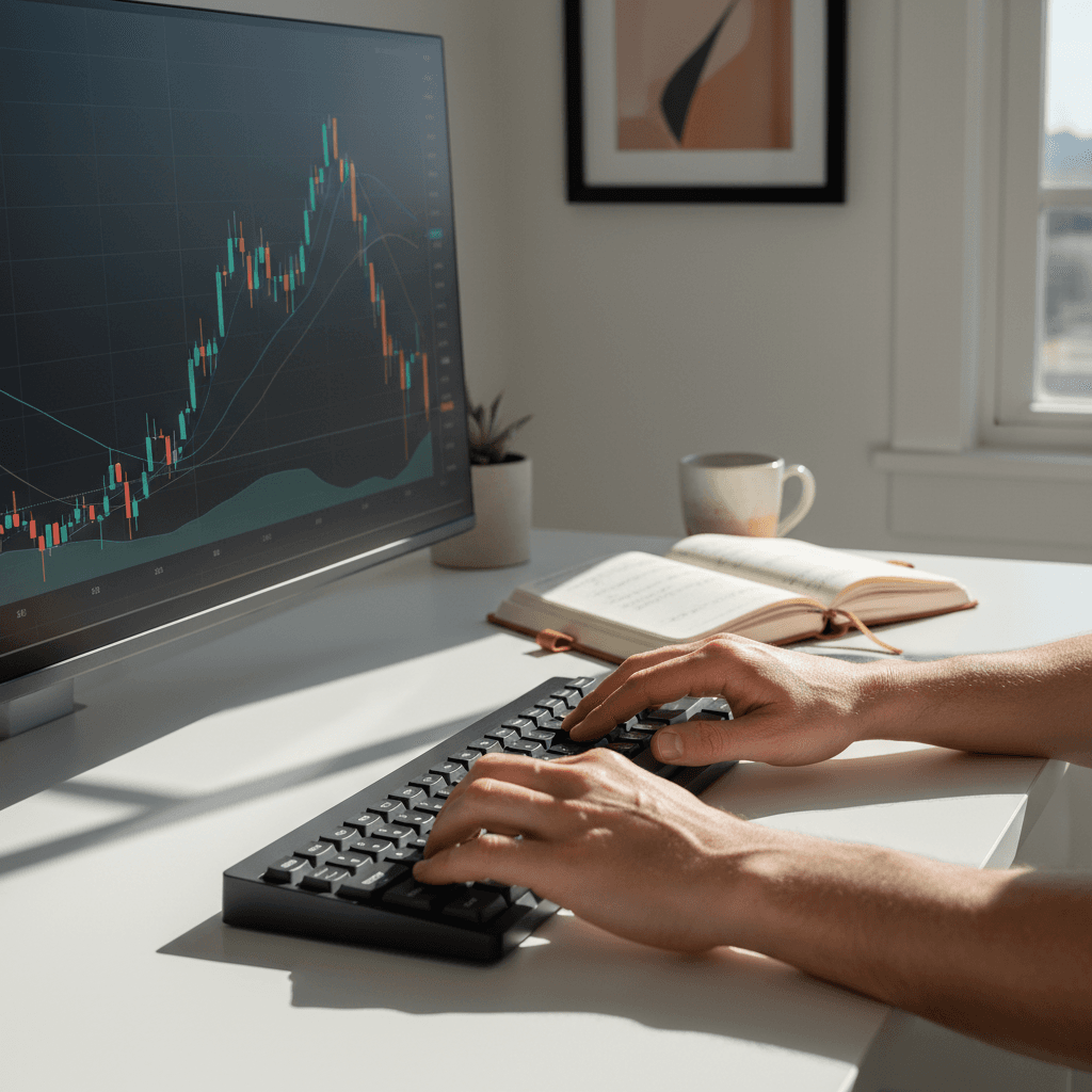 Close-up of hand pointing at marked trading setup on Gold chart analysis