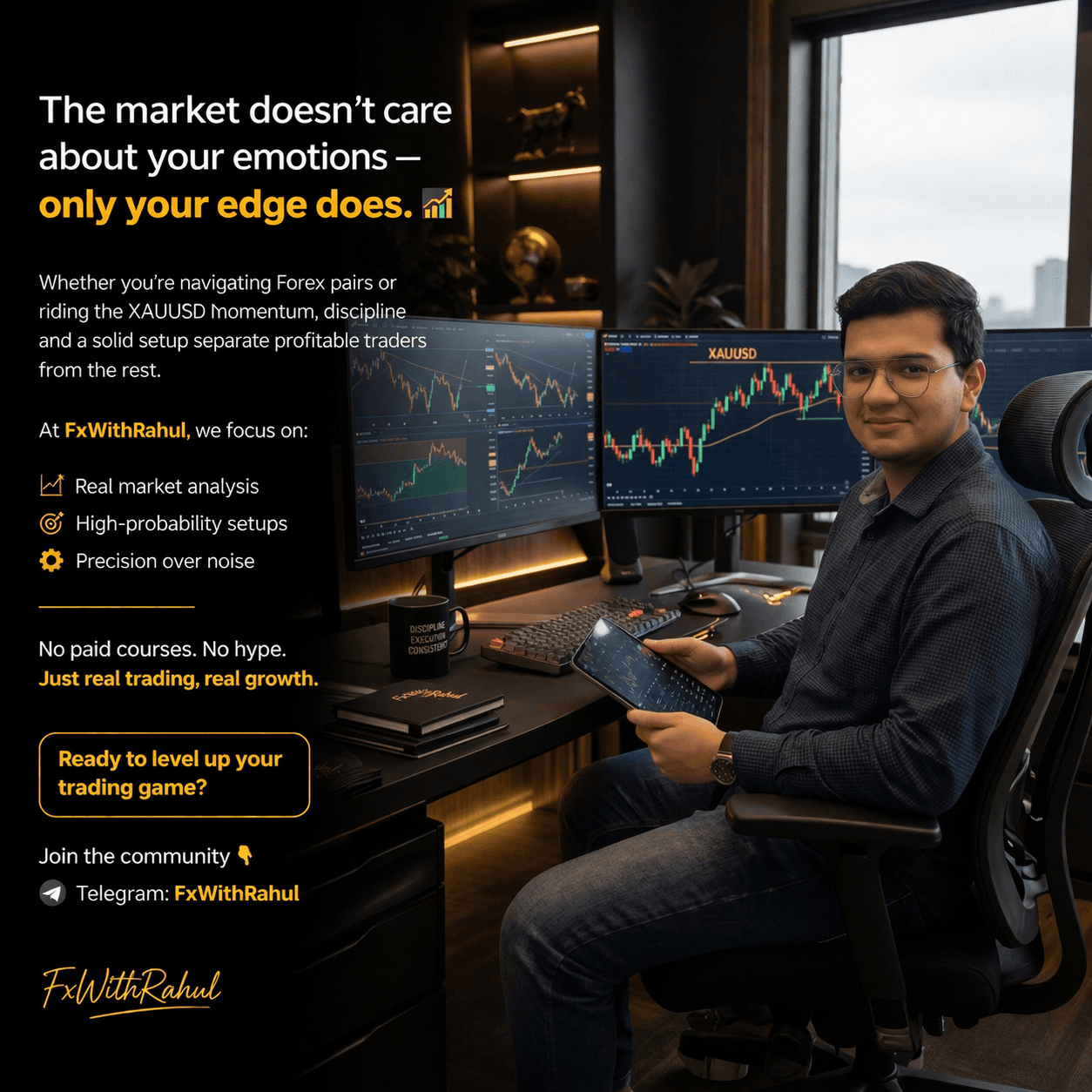A trader sitting at a desk with multiple monitors displaying financial charts and promotional trading text.